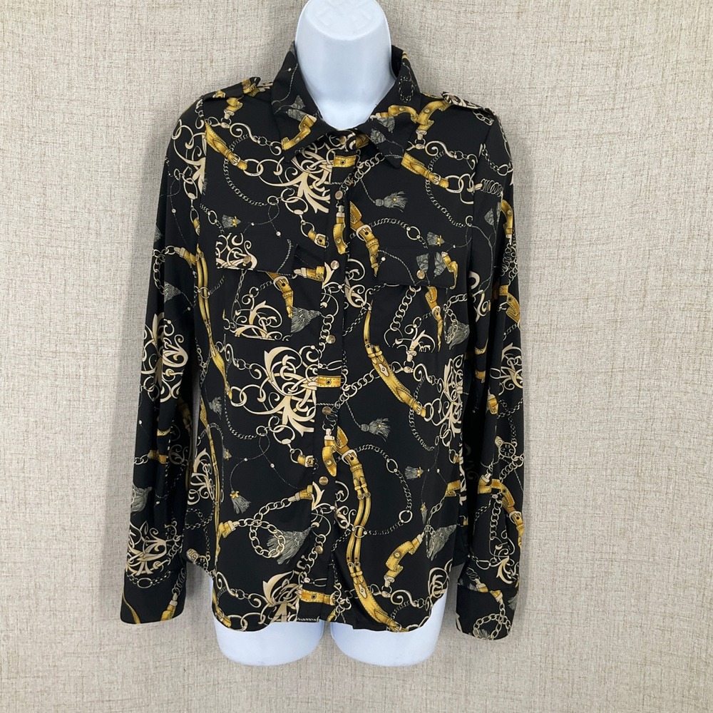 BCBGMAXAZRIA‎ Blouse Women PL Black Baroque Chain Belt Button Up Equestrian